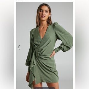 BELLEFLEUR MINI DRESS - FAUX WRAP DRESS IN KHAKI